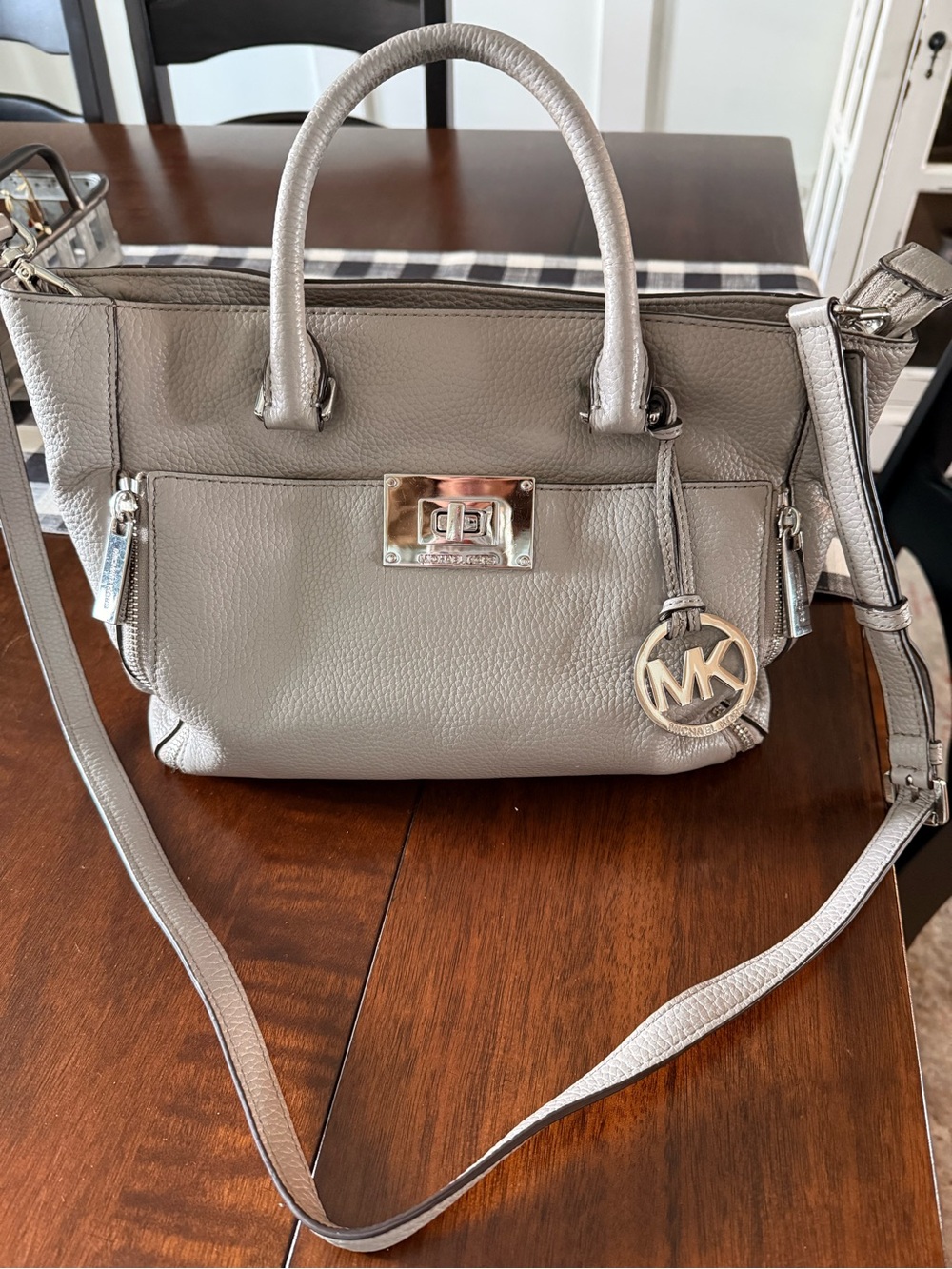Michael Kors Silver-Gray Pebbled Leather Satchel with MK Charm